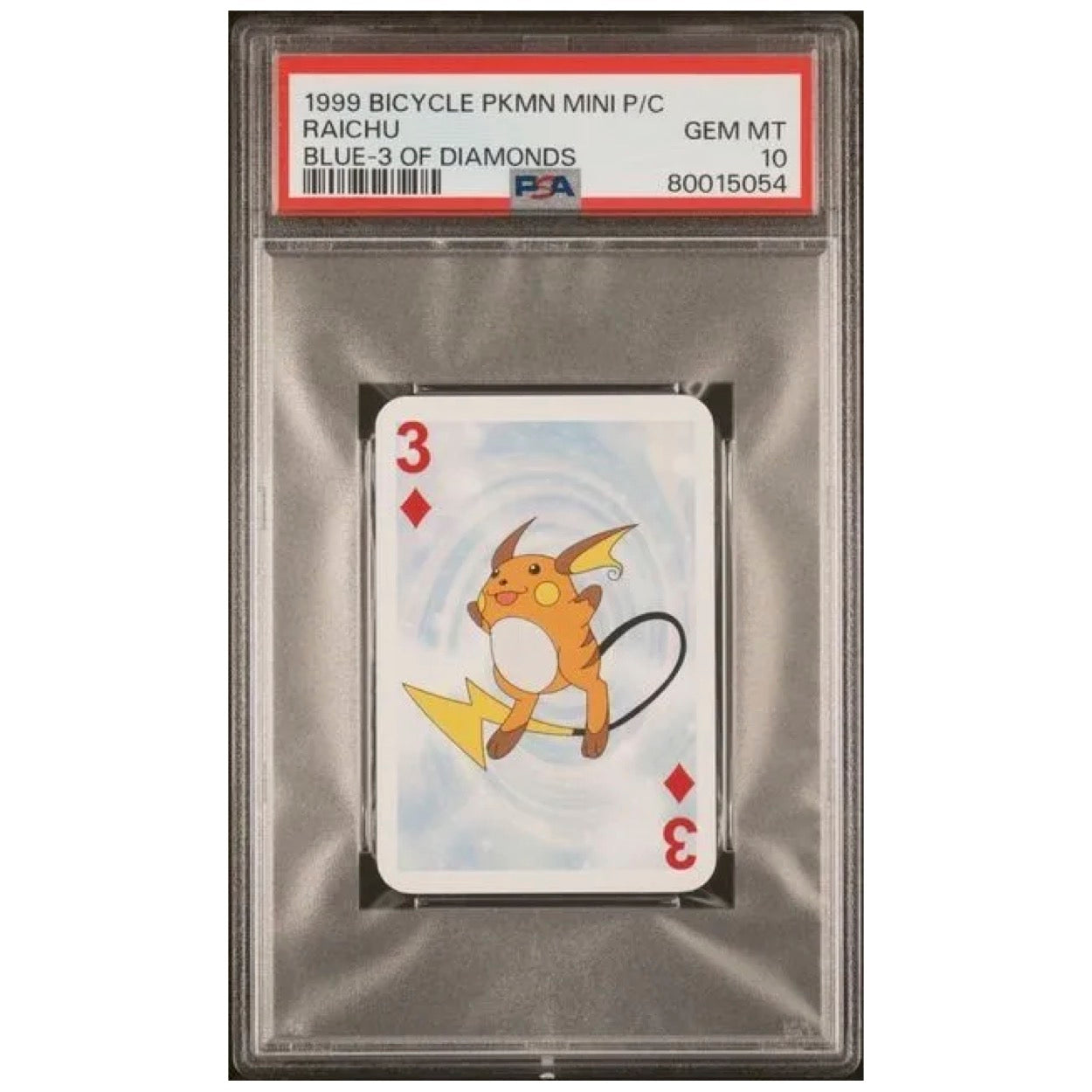 1999 Bicycle Pokémon Mini Playing Cards Blue Deck Raichu 3 of Diamonds PSA 10